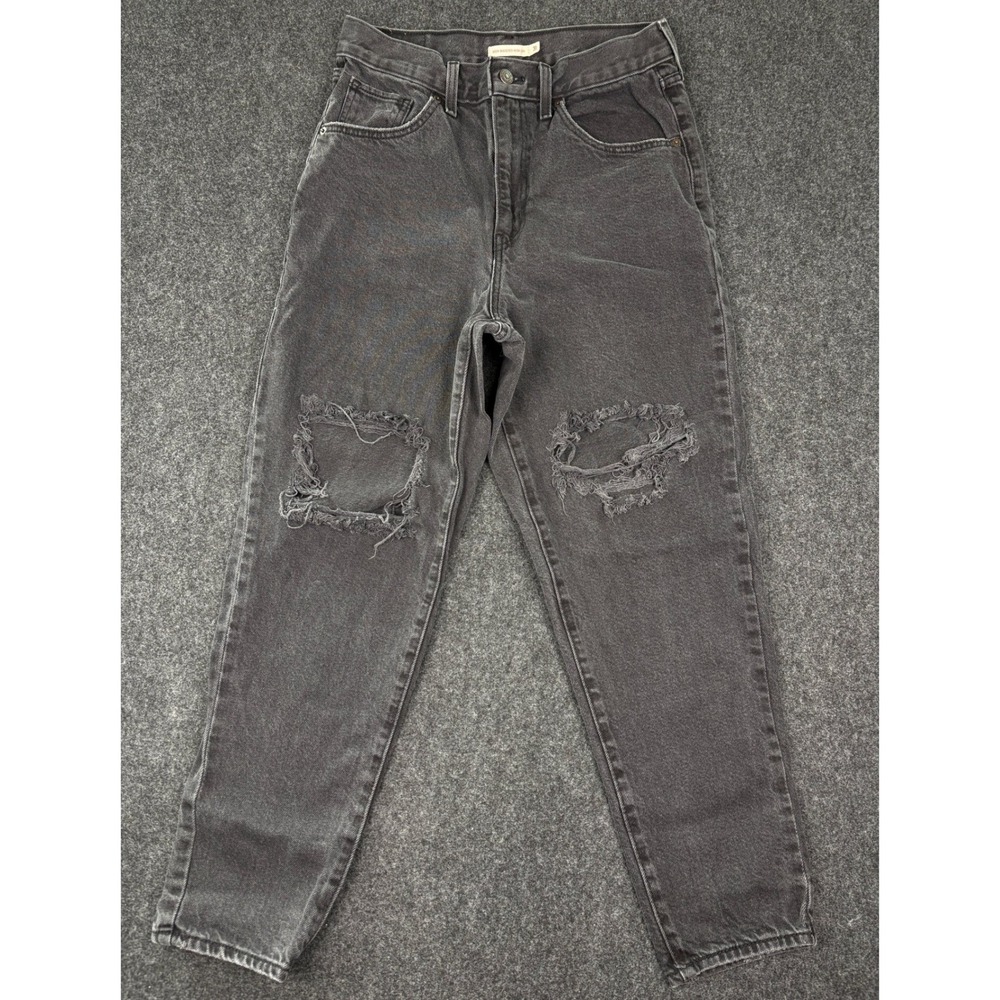 Levis High Waisted Mom Jeans 31 Distressed Faded Black‎ Ripped Tapered Leg Denim